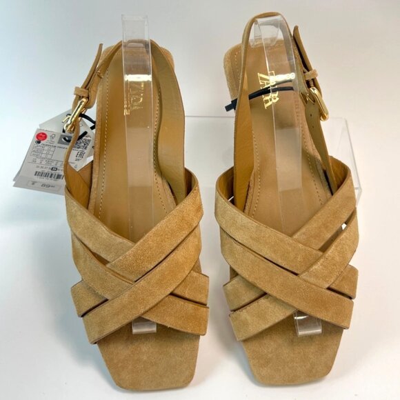 Zara Womens Tan Suede Fisherman Crisscross Flat Sandals Square Toe Size 39 US8 - Picture 1 of 7